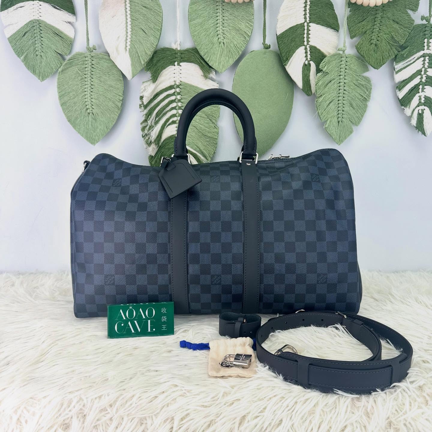 LV 🤍PRE OWNED KeepAll 45 藍黑色棋盤格 手提單肩斜肩包💙