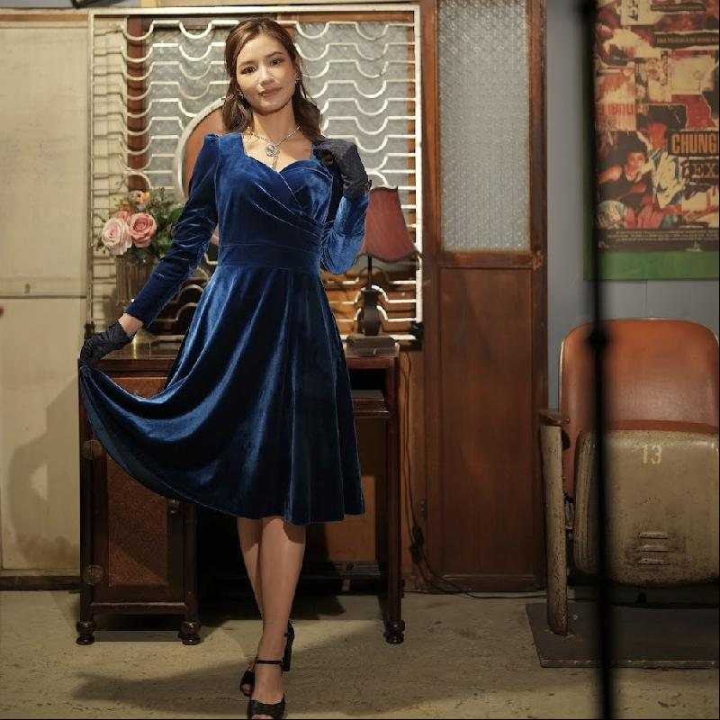 (SOLD OUT) Jewel Velvet Collection Sweatheart Wrap Swing Dress - Sapphire Blue(FM204)