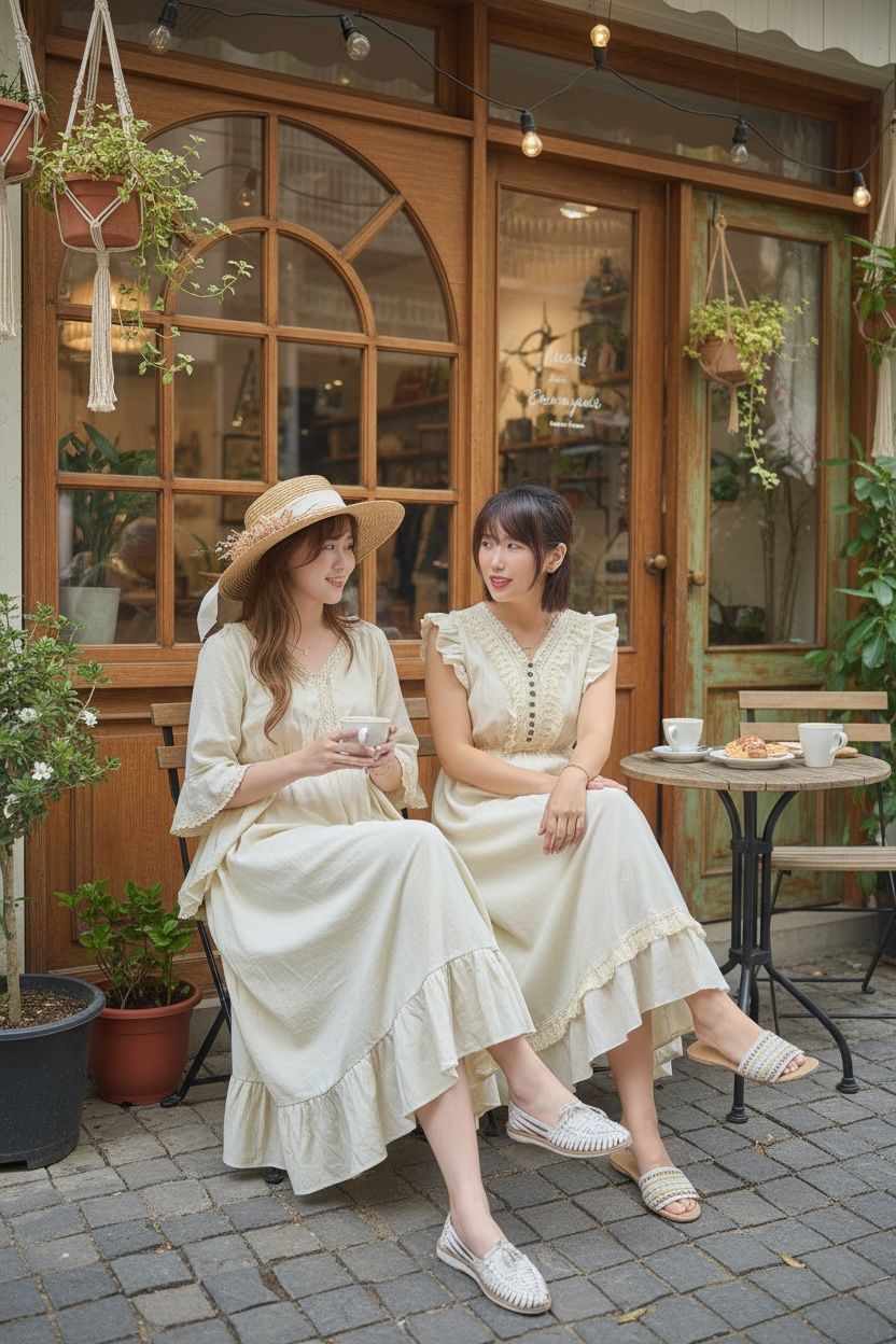 2125 Thai Beige Wide Ruffles V neck Lace Cotton OP