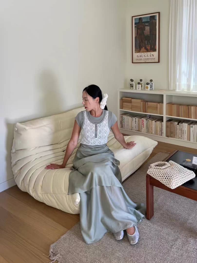 Sage Green Tiered High-Waisted Midi Skirt ‖ 浅绿拼接层次感高腰半裙 KR03714456