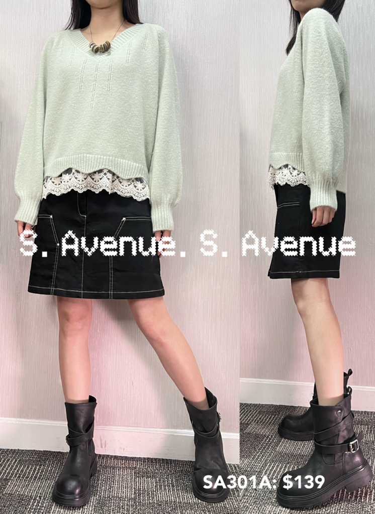 SA301A: 長袖燈籠袖V領腳lace冷衫