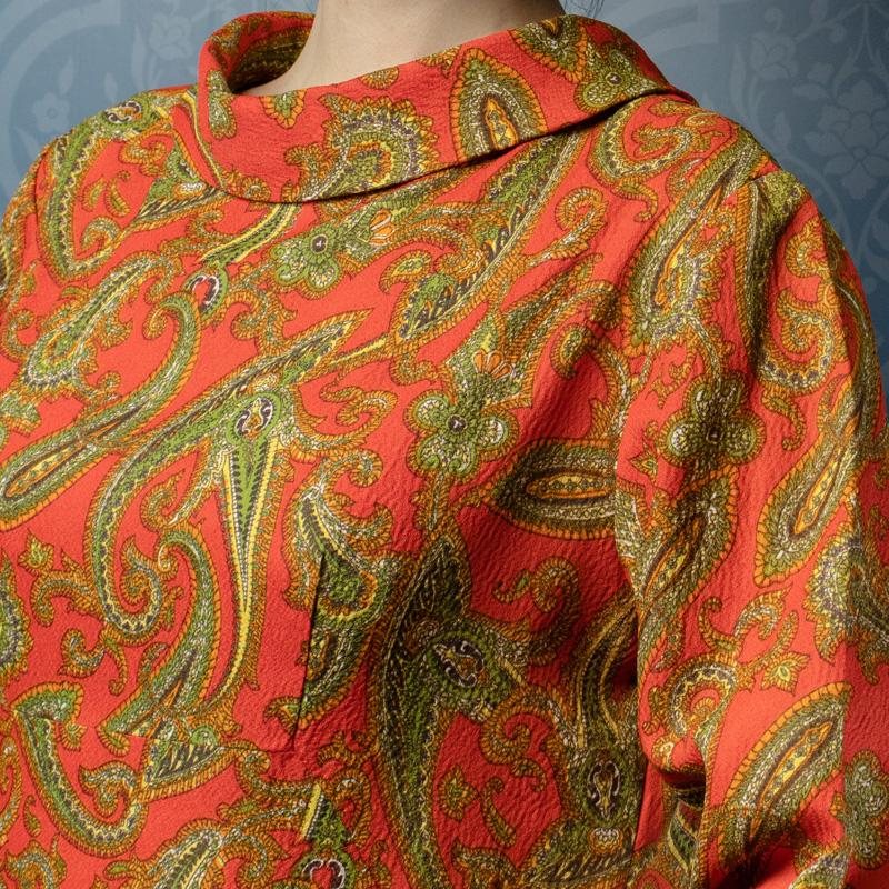 RARE!C.a. 1960-70s Rolled Collar Paisley Pattern Orange Shift Dress(MU101-13)