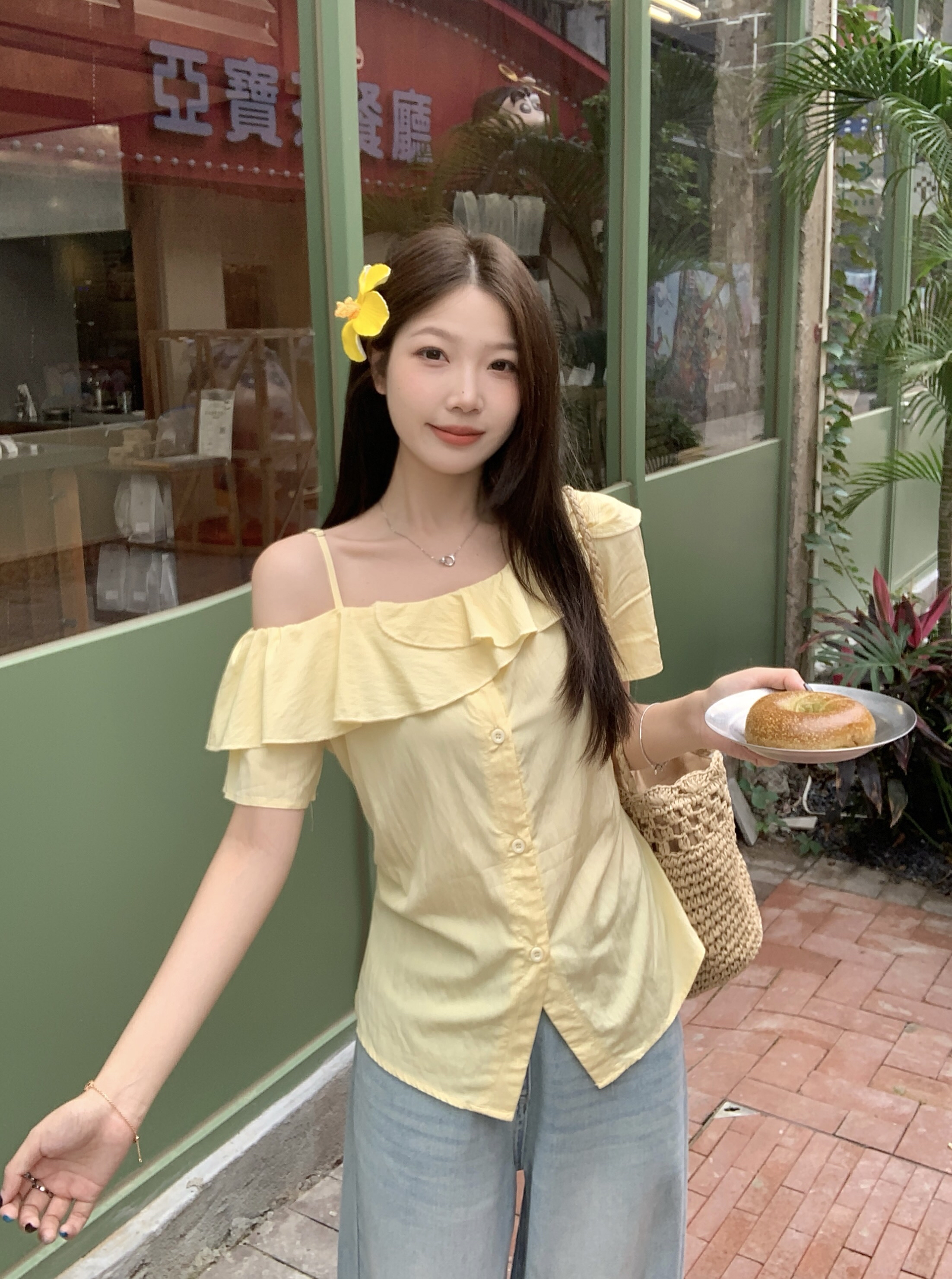 B211(80908) 韩系气质斜领单边吊带交叉荷叶边黄蓝衬衫上衣