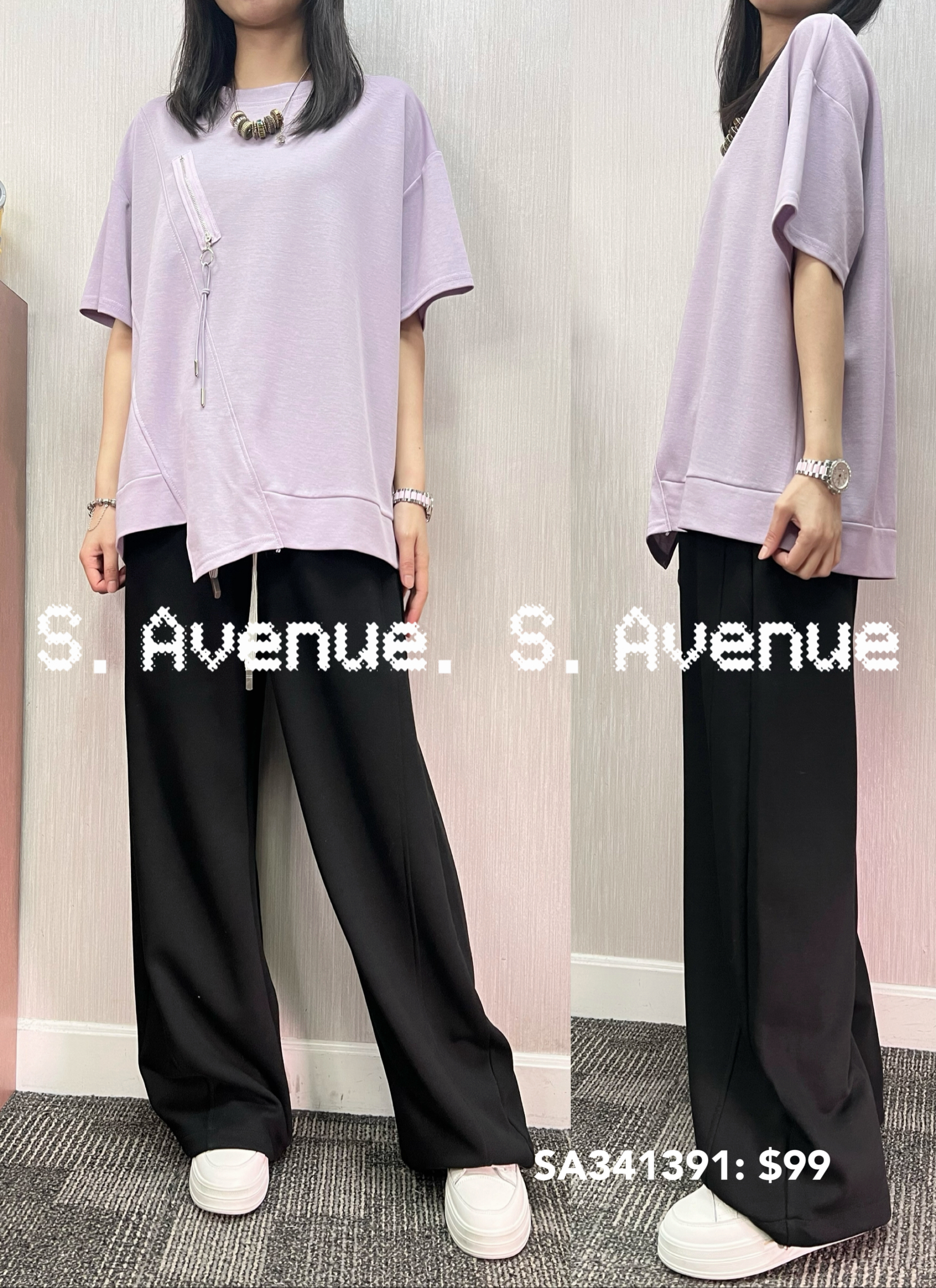 SA341391: 短袖前拉錬不規則腳鬆身tee