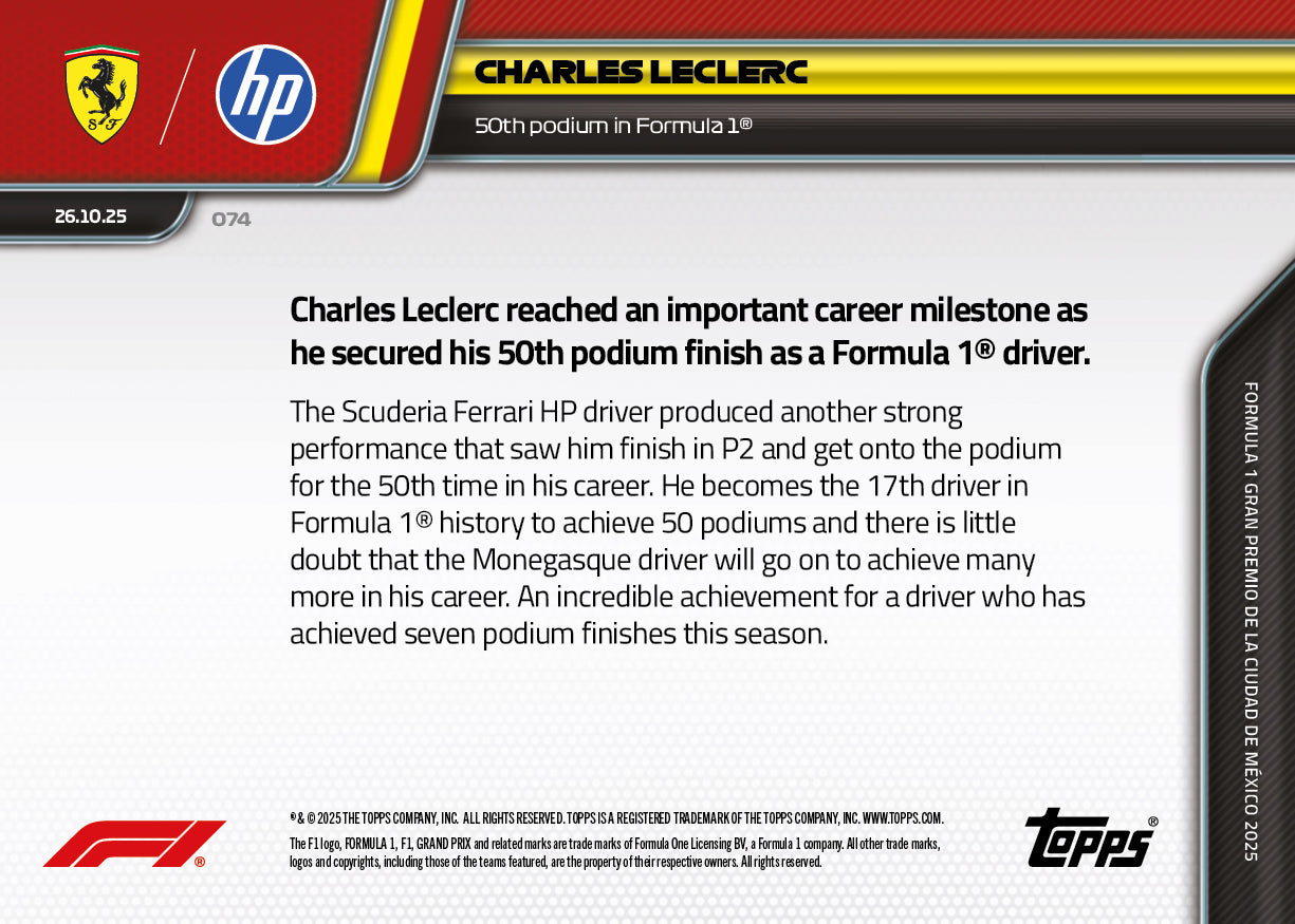 Charles Leclerc - 2025 F1 Topps NOW® #74 Mexican GP 生涯第50個頒獎台卡｜PR 3,675