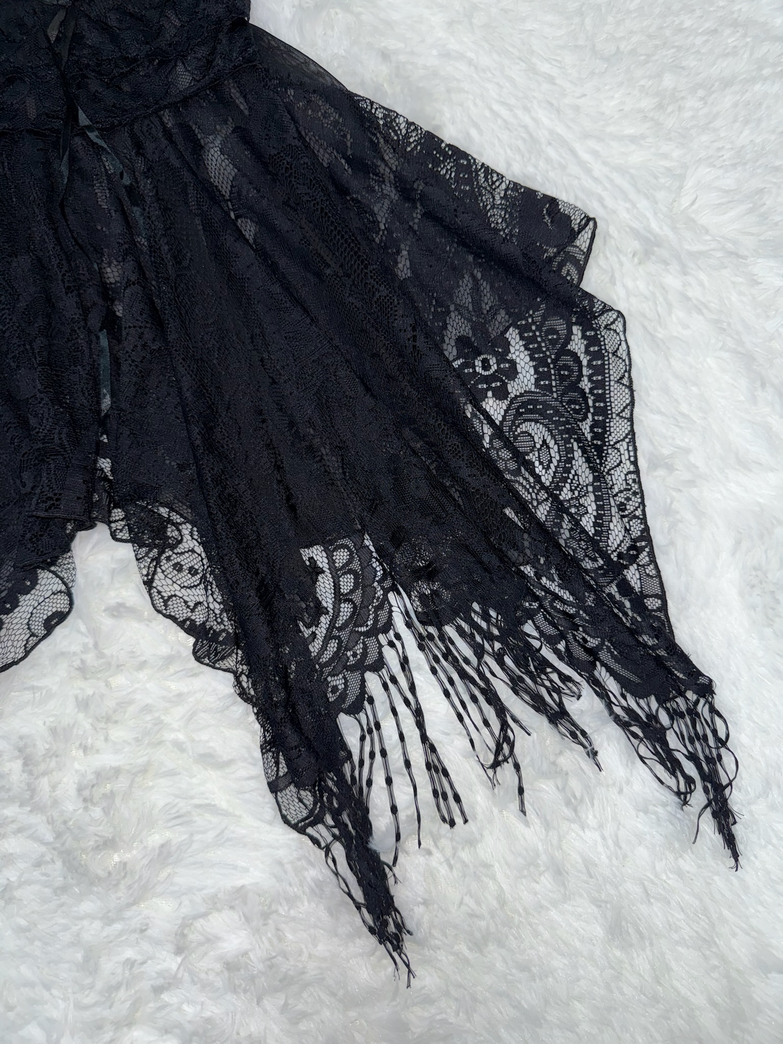 Sheer Black Lace Ghost Dress with Tiered Asymmetric Hem and Ribbon Detail