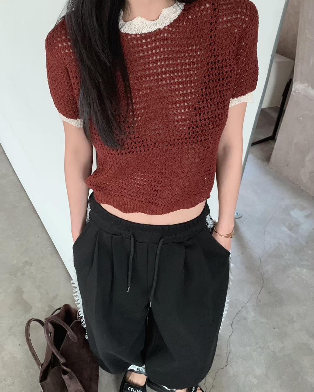 不規則邊圓領針織短袖top