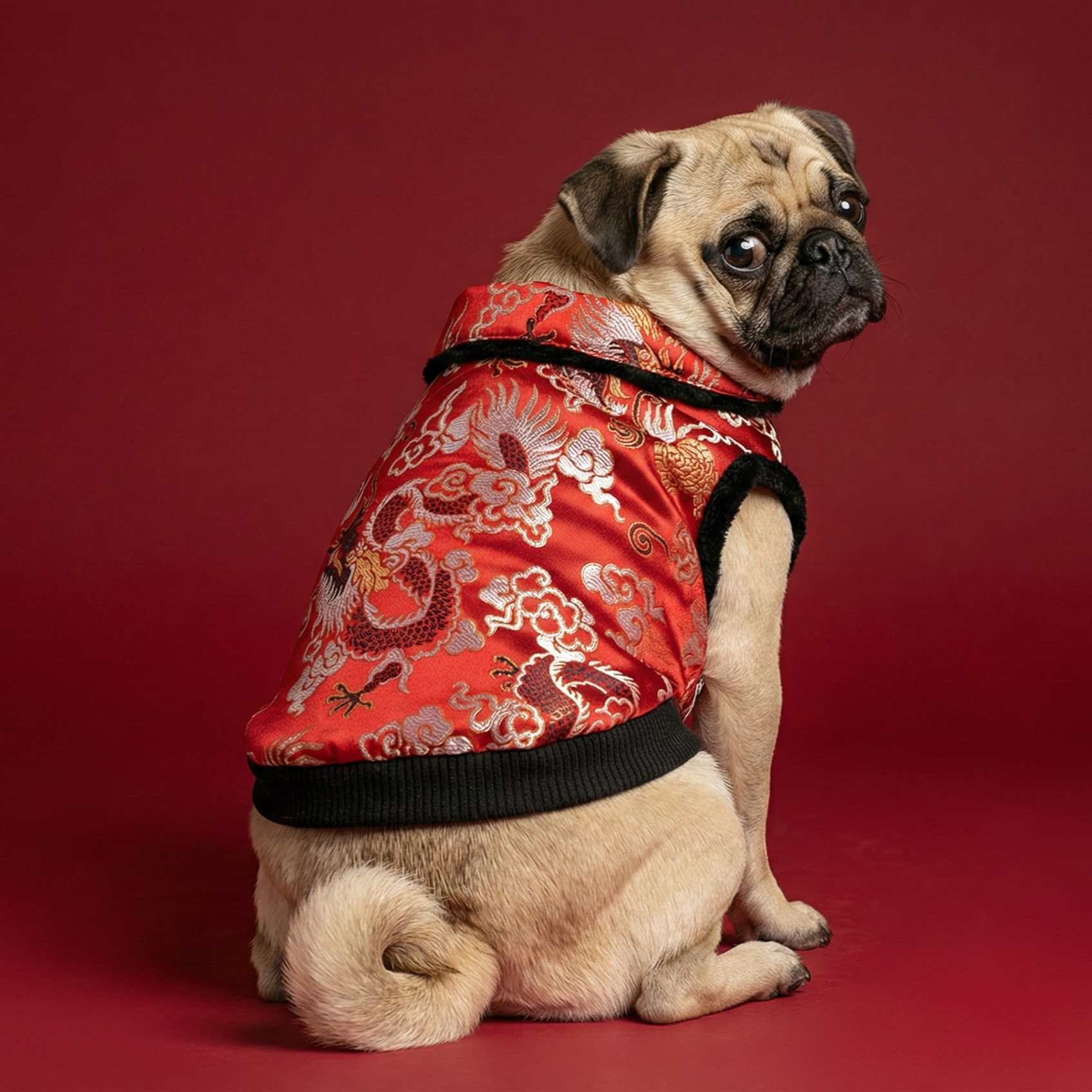 S483R 黑絨邊賀年衫-紅色 Black velvet edge New Year's shirt-red