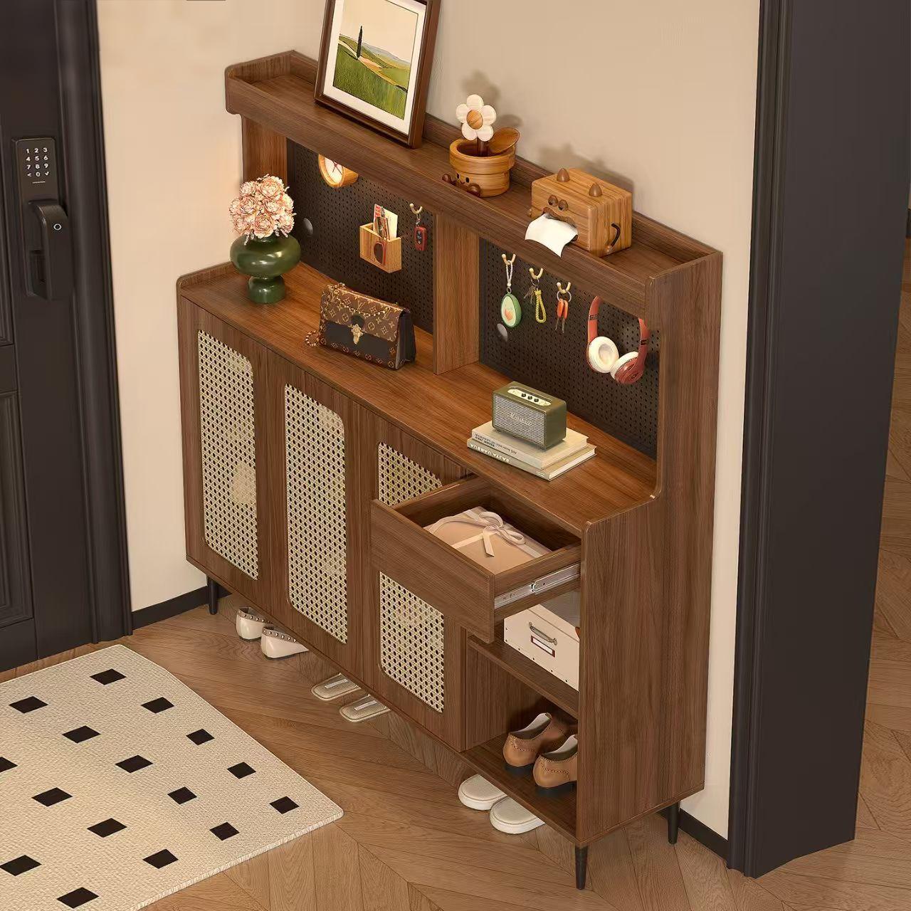 (樂家mall)仿藤編鞋櫃 帶洞洞板置物櫃 門廳櫃 玄關櫃 收納儲物櫃 shoe cabinet