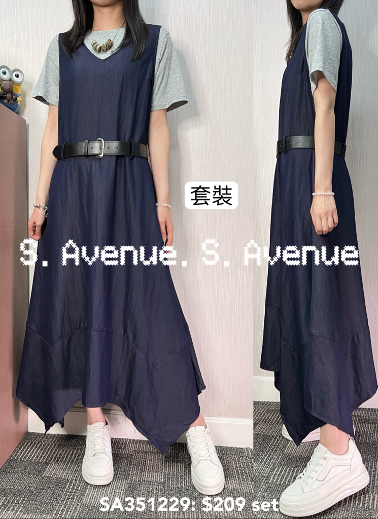 SA351229: 短袖打底配V領背心不規則長裙套裝