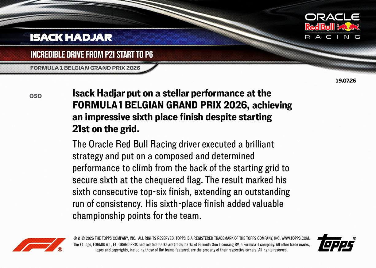 Isack Hadjar - 2026 F1 Topps Now #50 Belgian GP 紀念卡【團購】