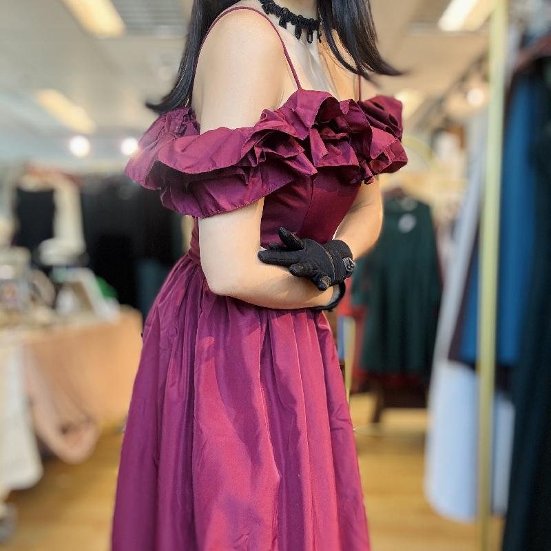 Vintage 1980s Wine Red Ruffle Off-Shoulder Evening Gown / Cocktail Dress (MT2568)