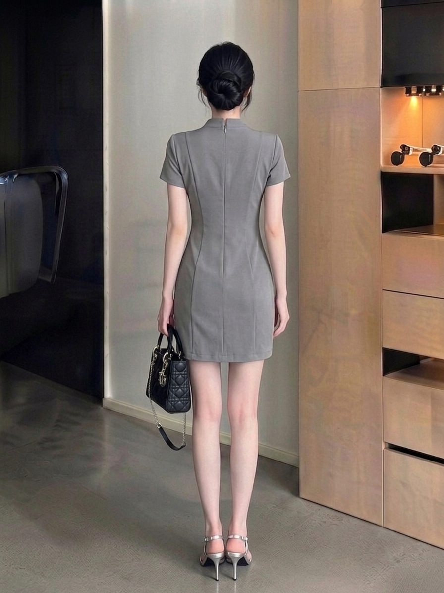 Stand-Collar Suiting Dress M233