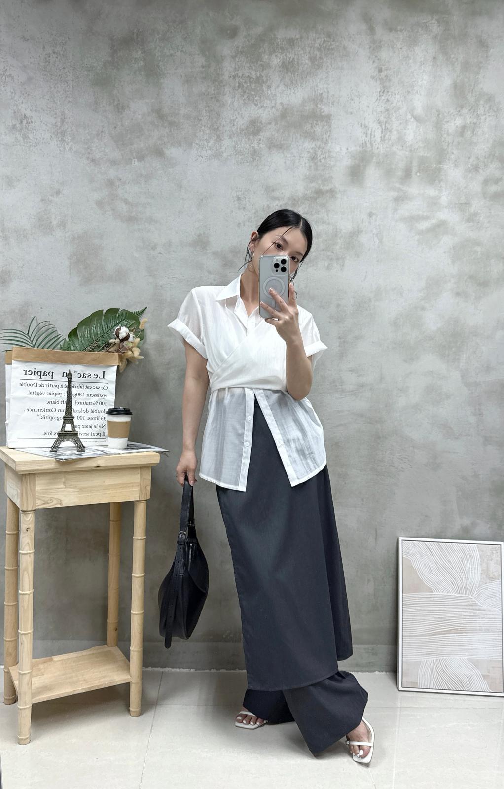 G02 交叉綁腰絲質恤衫