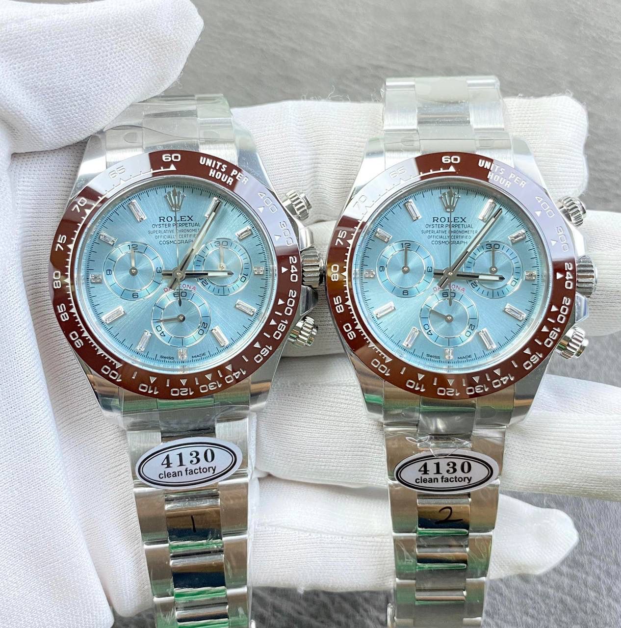 C厂！劳力士迪通拿系列，冰蓝迪！莫桑钻刻度，搭载丹东厂的4130机芯，40mm直径，12.2厚度！