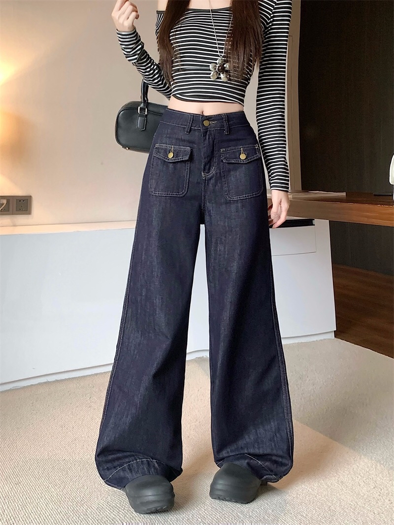 B126(5003) 韩版JEANS单钮双翻盖单钮口袋蓝直筒长裤
