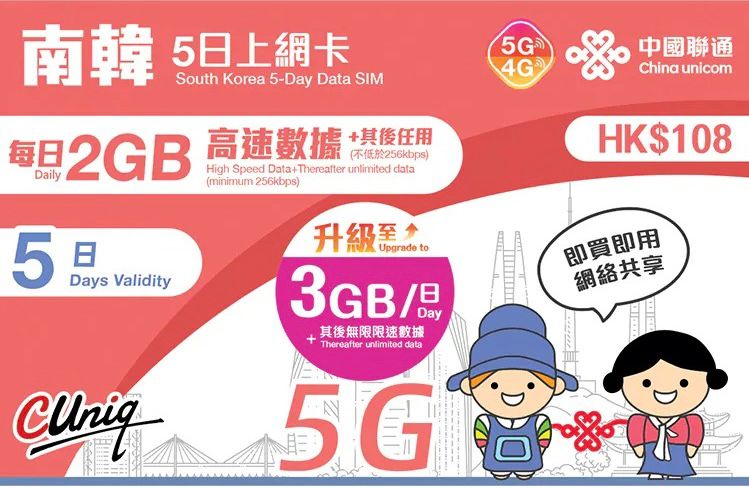 📬限時包平郵📬✈️中國聯通5G南韓5日無限上網卡 每日3GB 新年滑雪 即插即用 無需登記 KOL 代購 滑雪 Korea data sim/Travel sim/Unlimited data
