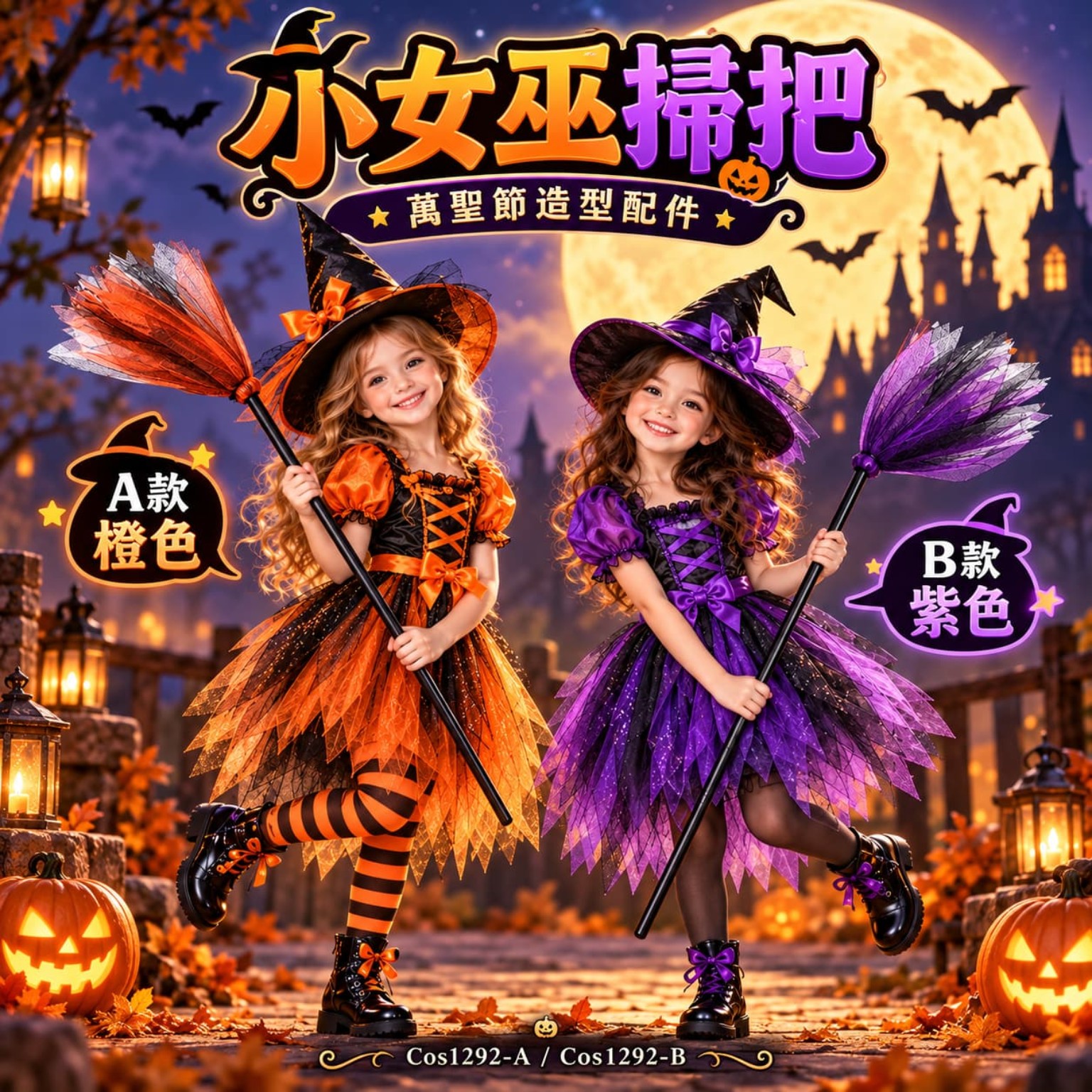小女巫萬聖節掃把 90cm 兒童Halloween造型配件｜橙黑／紫黑｜COS1292