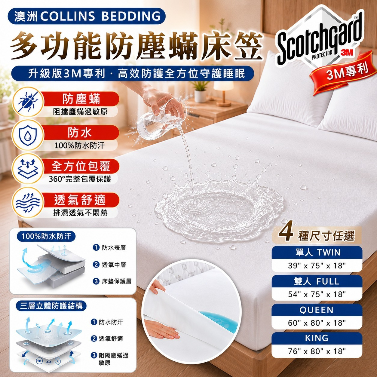 ＜限時預購＞ 澳洲 Collins Bedding 高級多功能防塵蟎床單墊 (升級版3M專利) TW260819S01 《25/8截單，預計10月下旬到港》