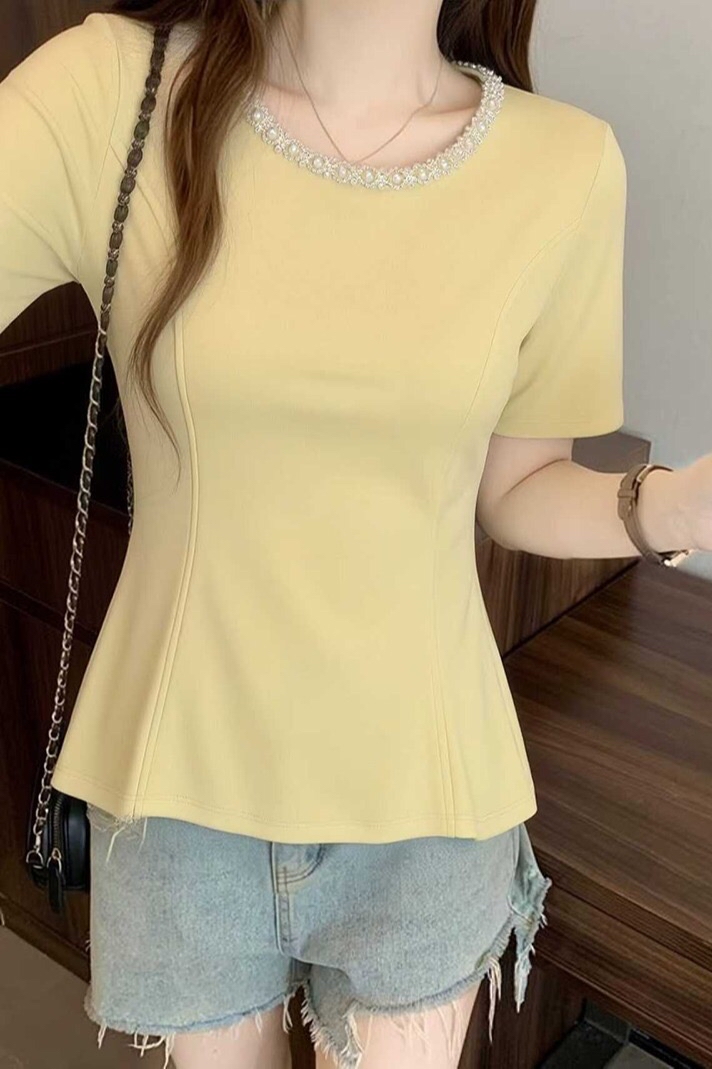 B224(36615) 韩系重工钉珠U领暗鱼骨纹4色上衣