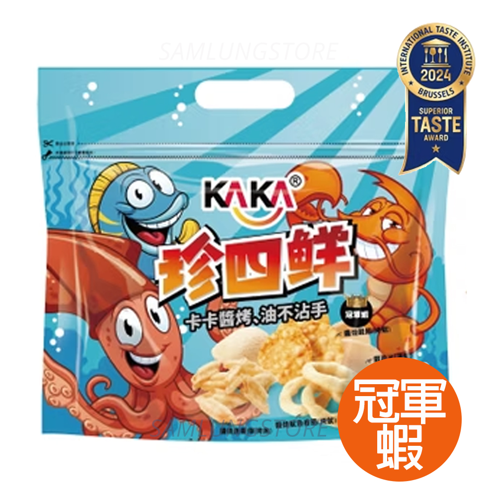 KAKA - 台灣 醬燒 珍四鮮 (冠軍蝦-魷魚圈,蝦脆片,蝦餅,醬燒魚薯條) (夾鏈袋設計) 120g (平行進口貨品) 此日期或之前食用: 2027.7.23