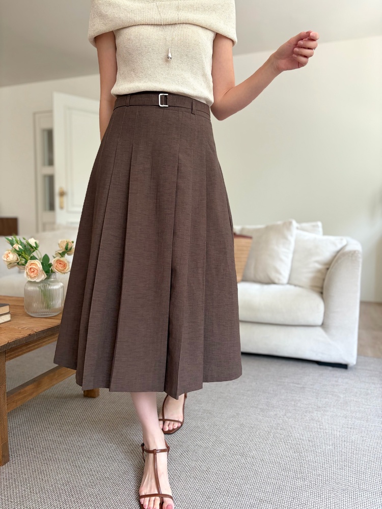 Linen Blend Pleated Skirt (Brown)