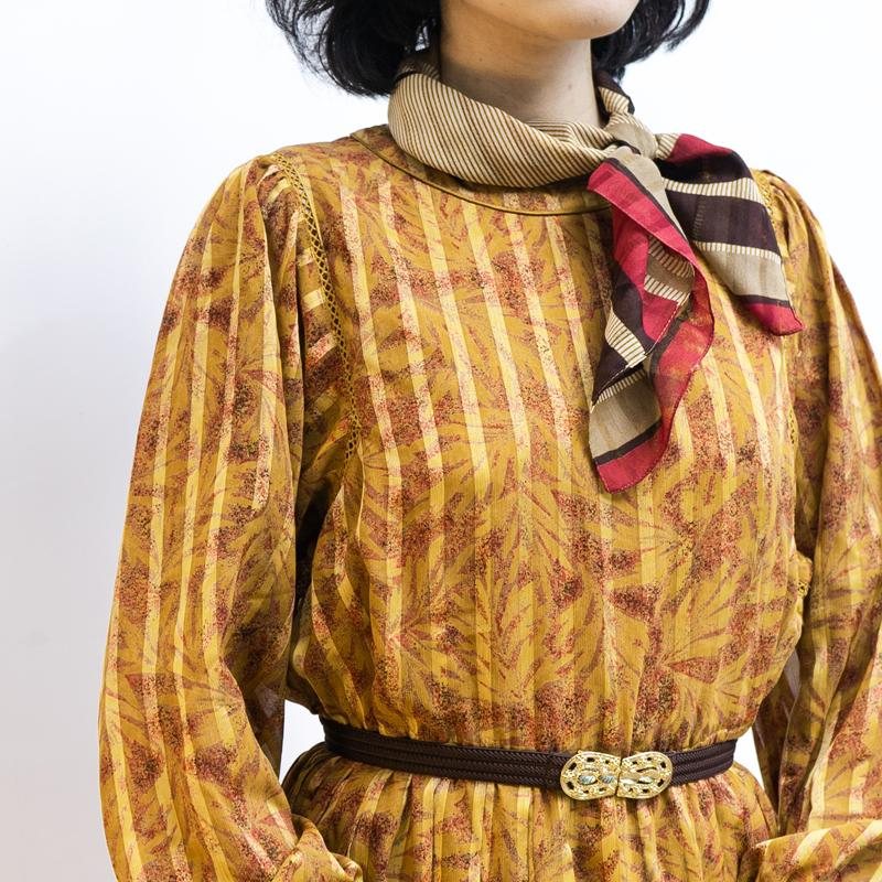 Vintage Japanese Brown and Yellow Vertical Stripe and Leaf Pattern Day Dress（MT1608-76)