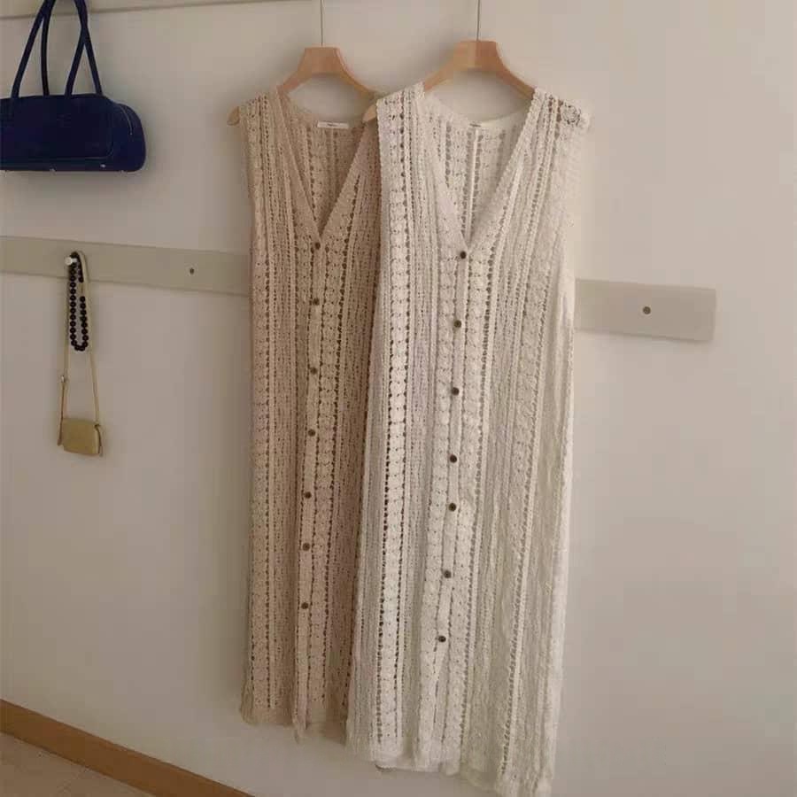 V-Neck Crochet Button-Front Sleeveless Dress / Long Vest Cardigan ‖ V领钩织排扣无袖连衣裙／长版外套 KR016220