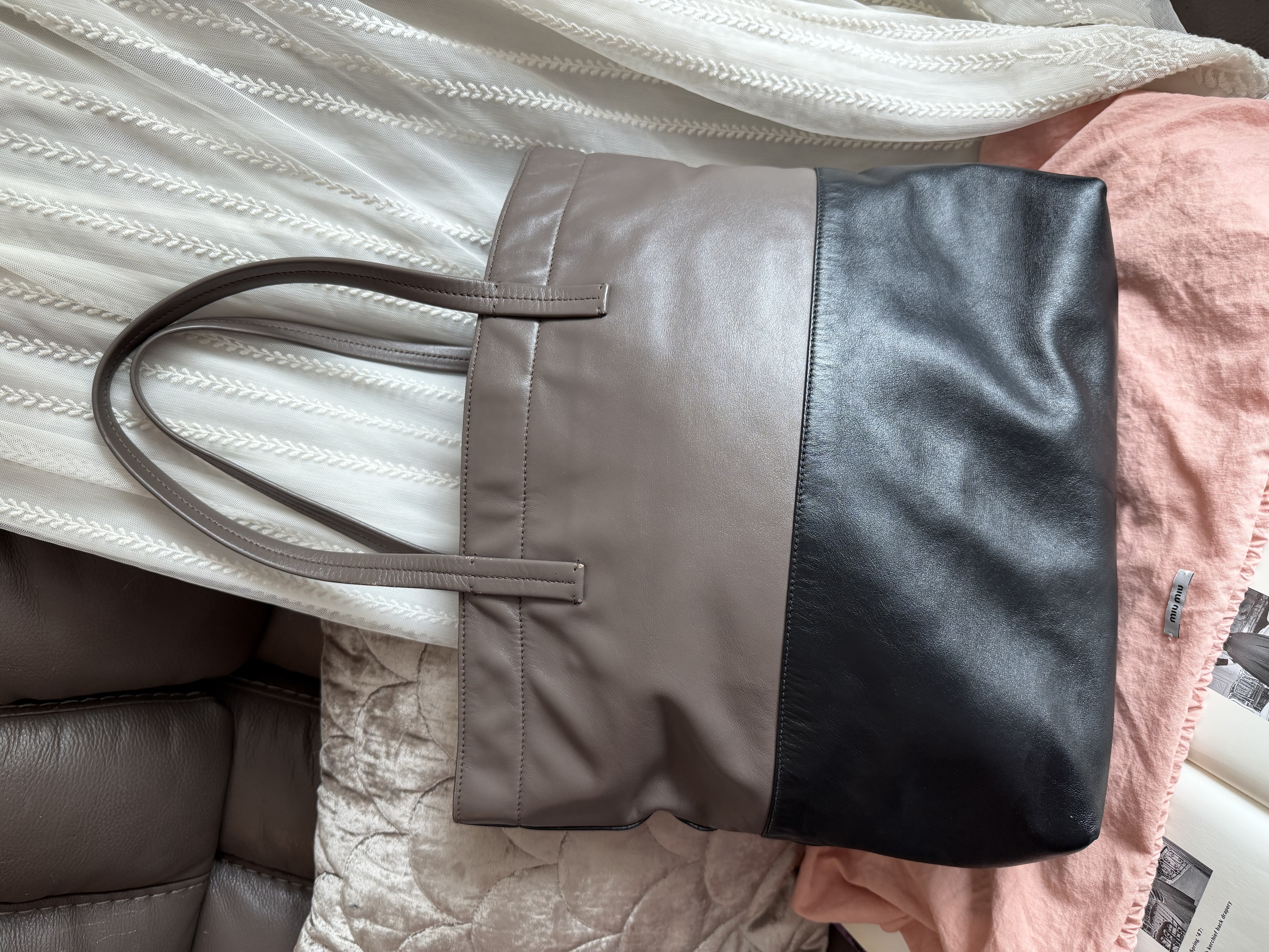 Miu miu ivy black grey leather tote bag