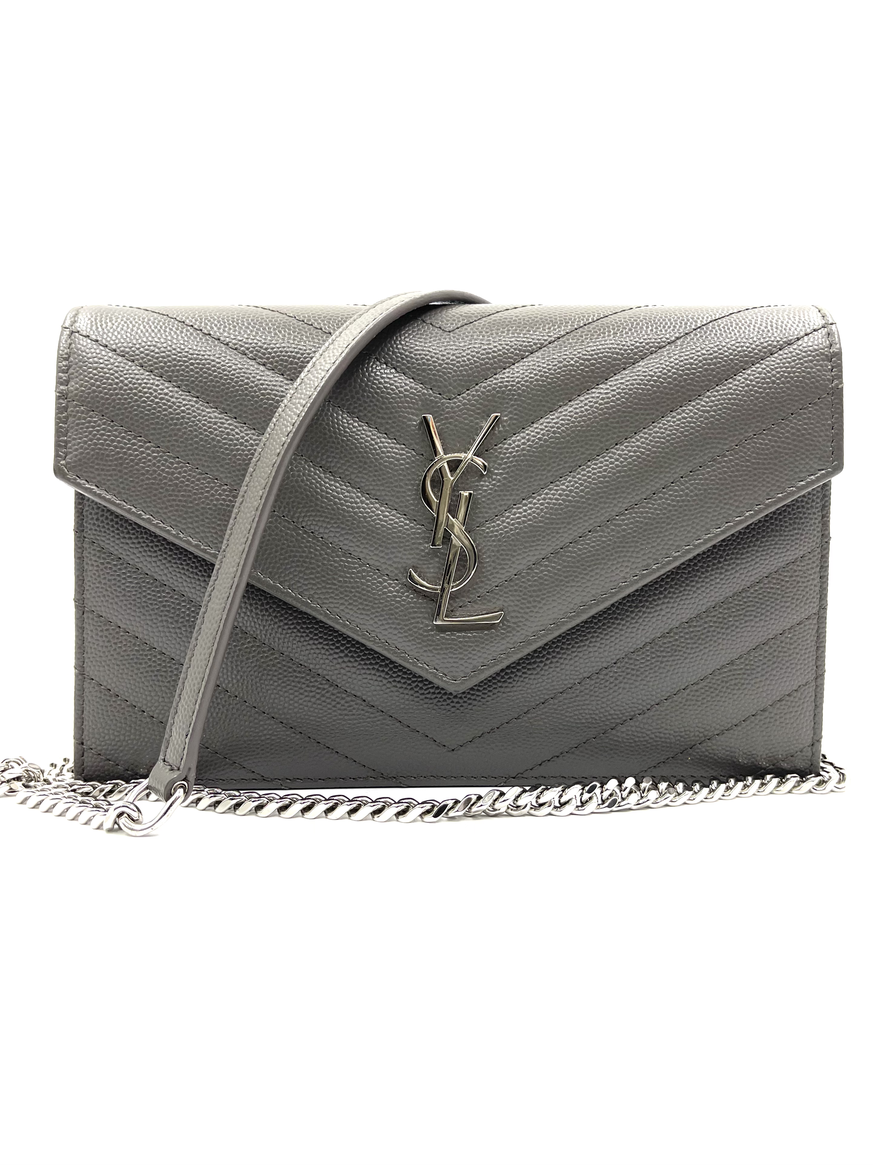 Pre-Owned SAINT LAURENT Grain De Poudre Matelasse Chevron Monogram Envelope Chain Wallet Coal