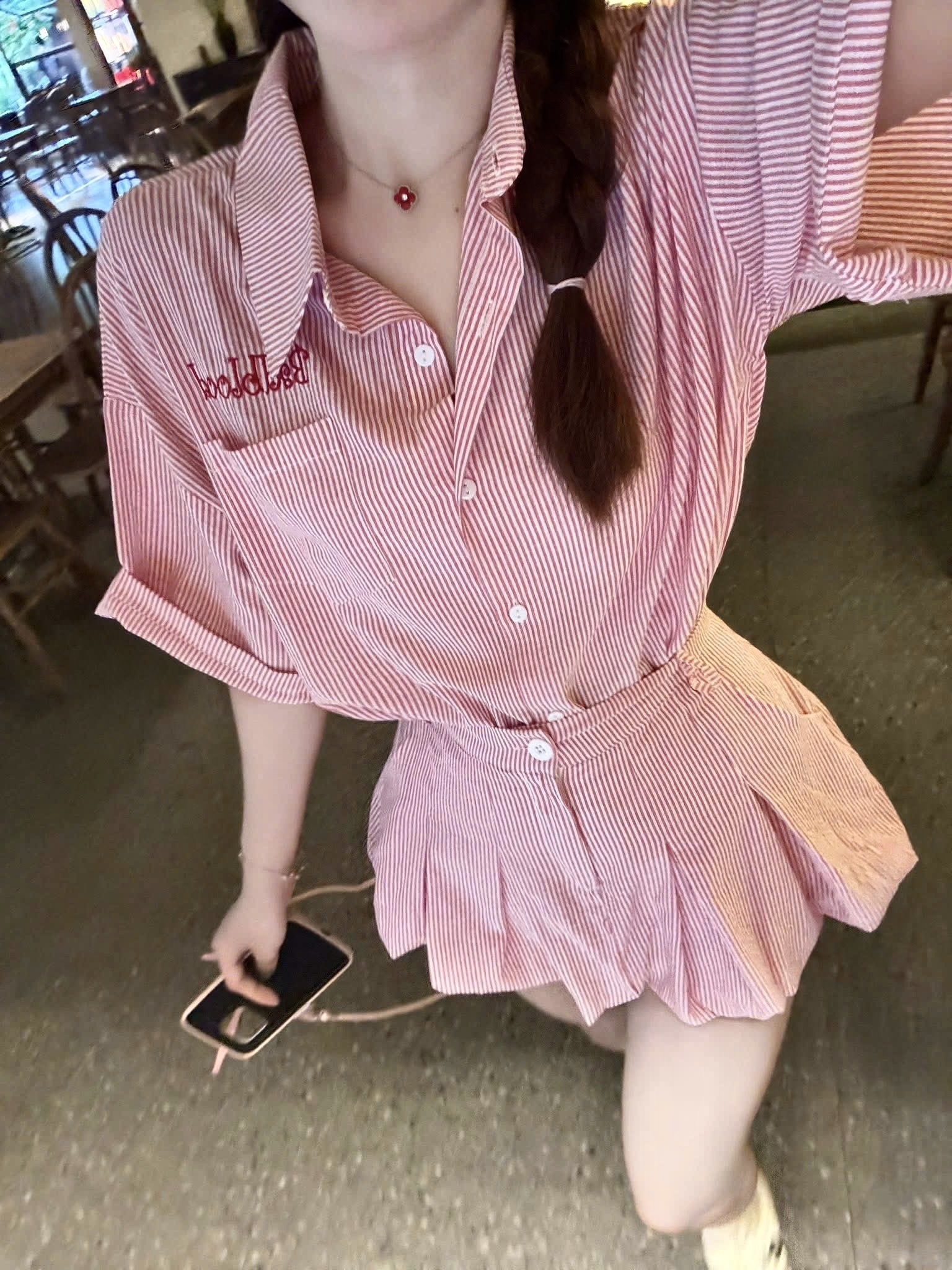 条纹宽松衬衫两件套