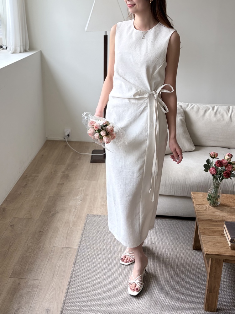Gathered Waist Tie Dress (Ivory)