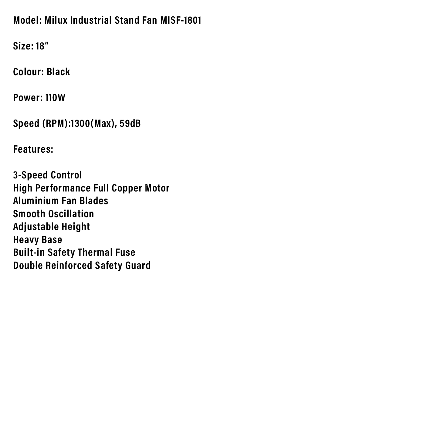 Milux 18" 110W Industrial Stand Fan (MISF-1801)