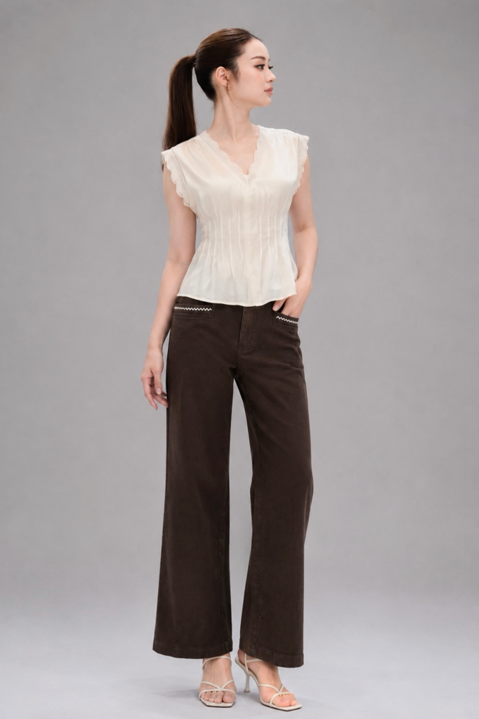 28034 Lace Trim Pleated V-Neck Blouse