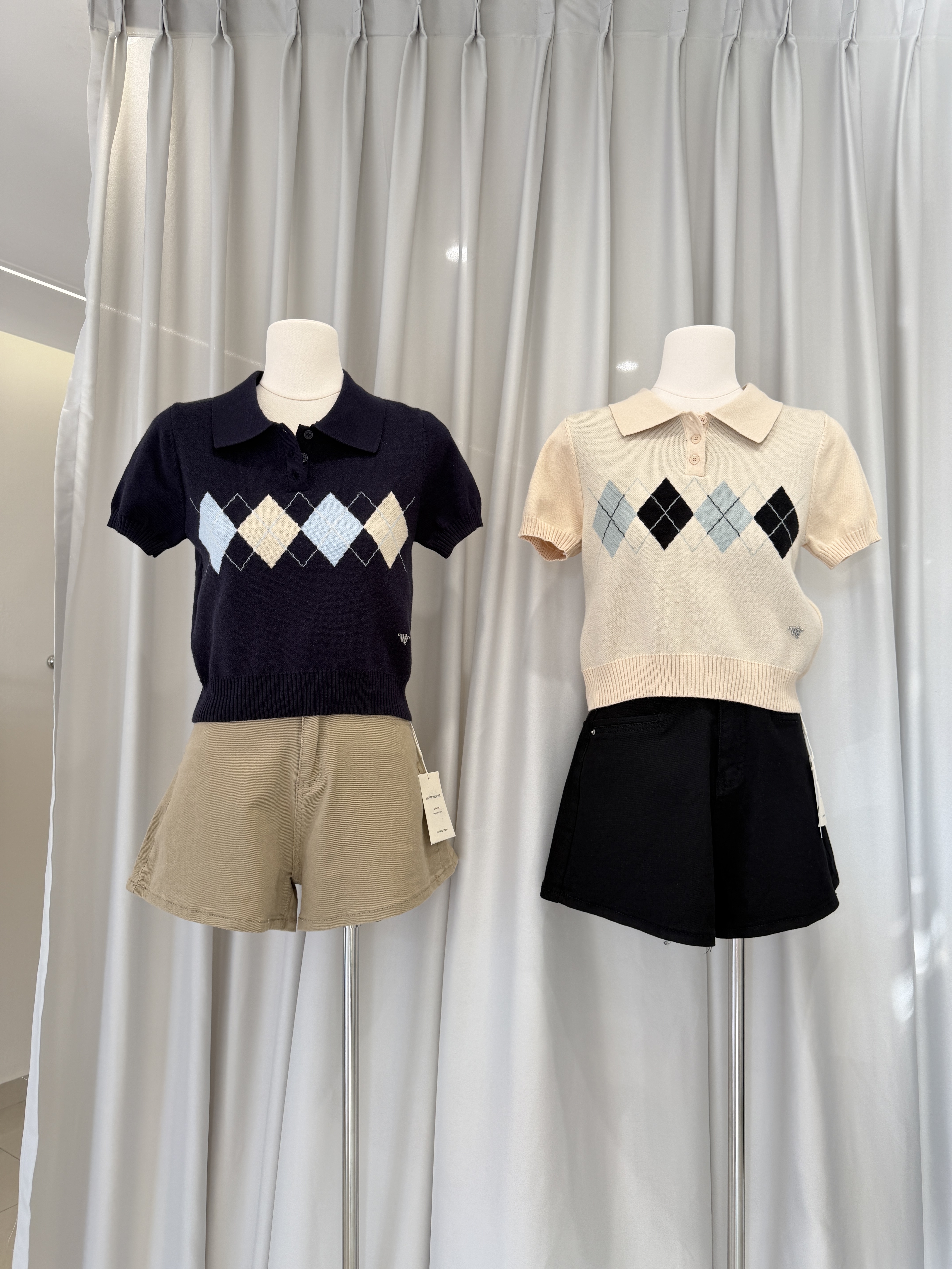 6525 韩系菱格纹翻领针织短袖