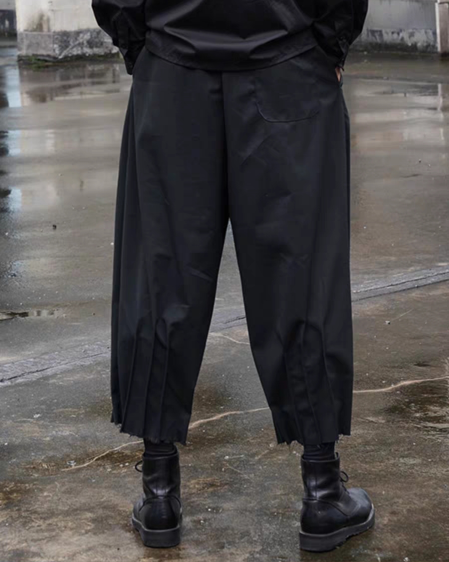 W086暗黑皺摺披邊褲腳9分褲