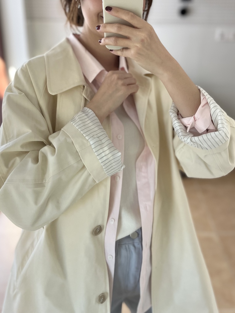Stripe-Lined Relaxed Trench Coat (Cream)