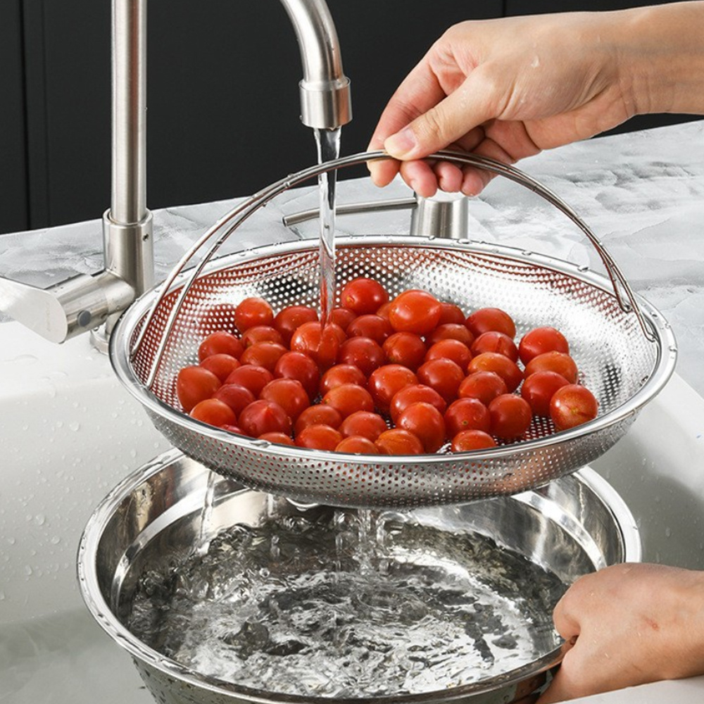 不鏽鋼手提蒸籠 廚房瀝水籃 雞蛋蒸架 洗菜籃 22.5cm［平行進口］ HK2753