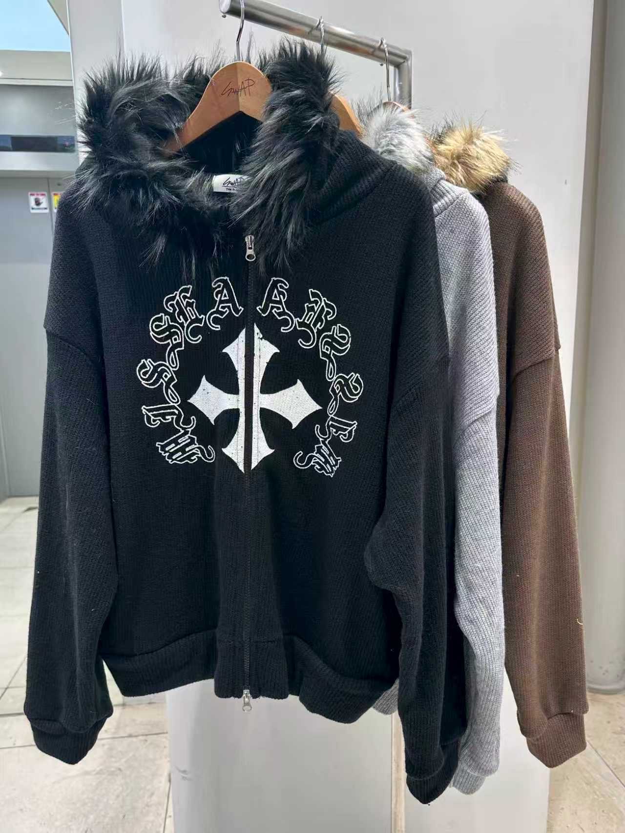 超型！韓國十字架Y2k毛毛帽jacket (Unisex)