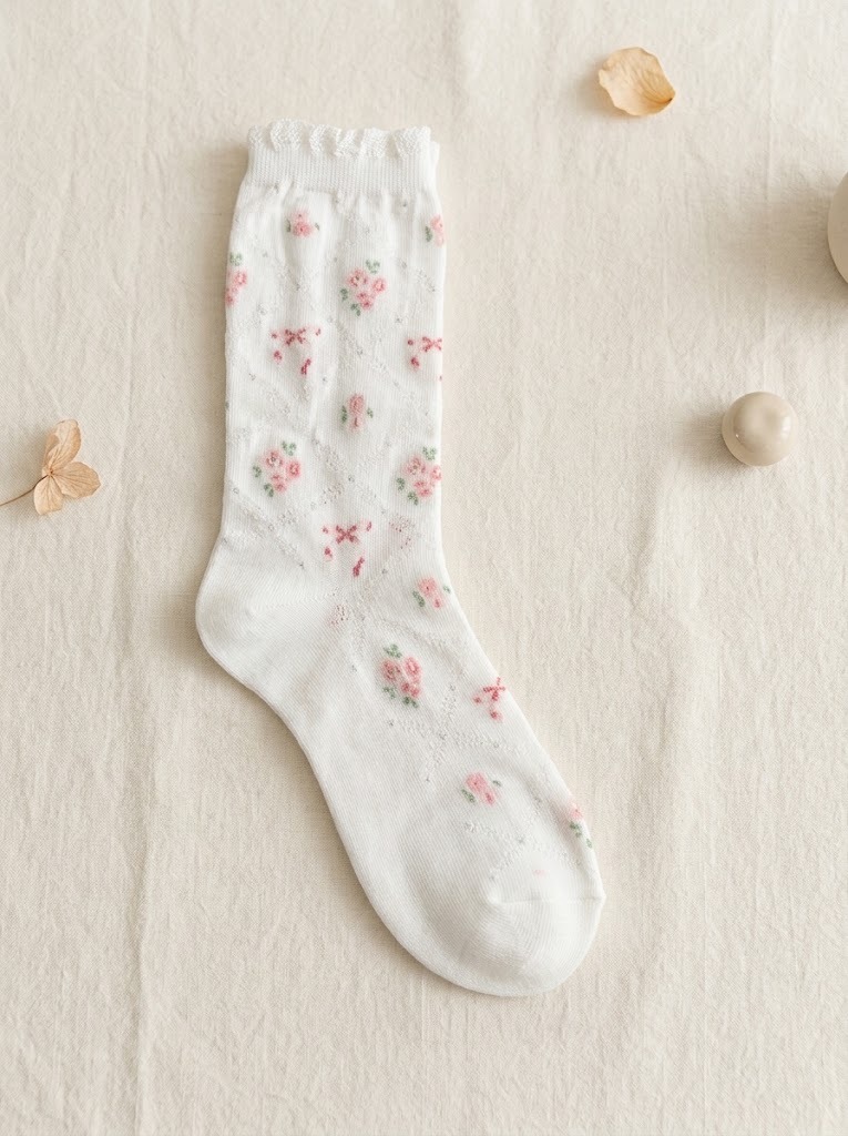 Korean Rose Floral Lace See-Through High Crew Socks