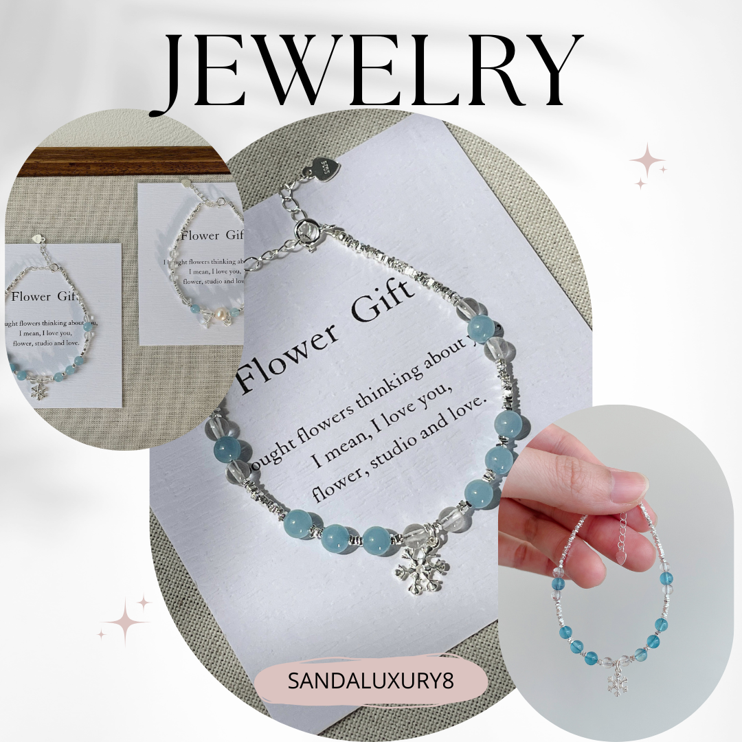Flower Gift  Silver Bracelet with Blue Crystal Beads and Snowflake Charm
