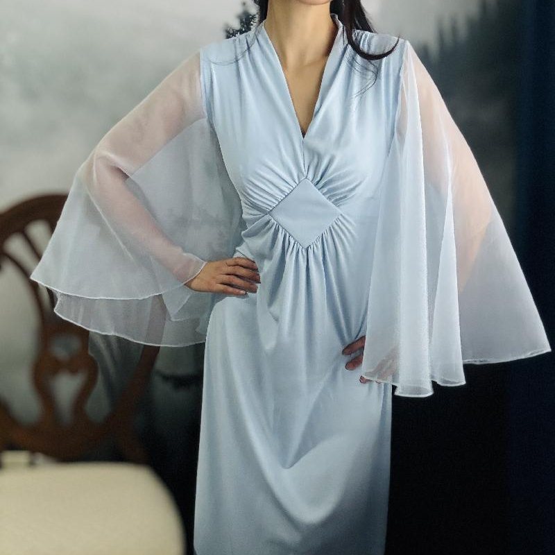 Rare! 1970s Powder Blue Chiffon "Angel Sleeves" Maxi Dress (MT2525）