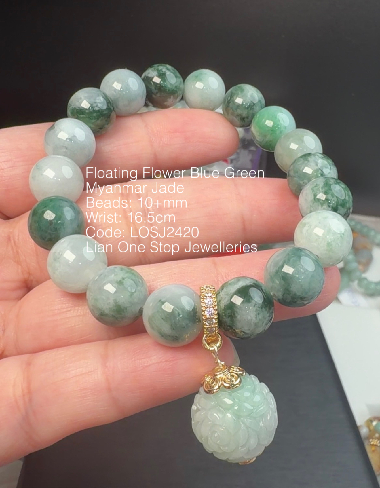Code: LOSJ2420 Floating Flower Blue Green  Myanmar Jade 10+mm 