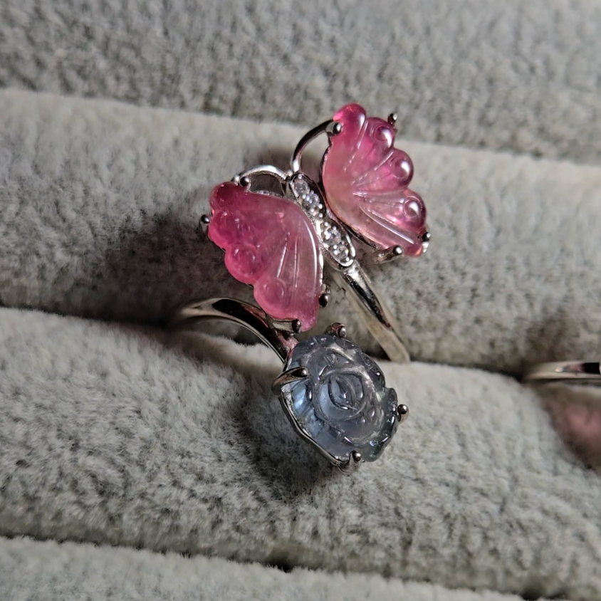Candy tourmaline butterfly and rose ring, adjustable sterling silver (A) - TR278
