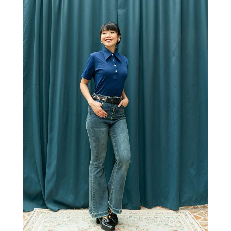C.a. 1970s American Vintage Royal Blue Polo Shirt with White Buttons(MT1502)