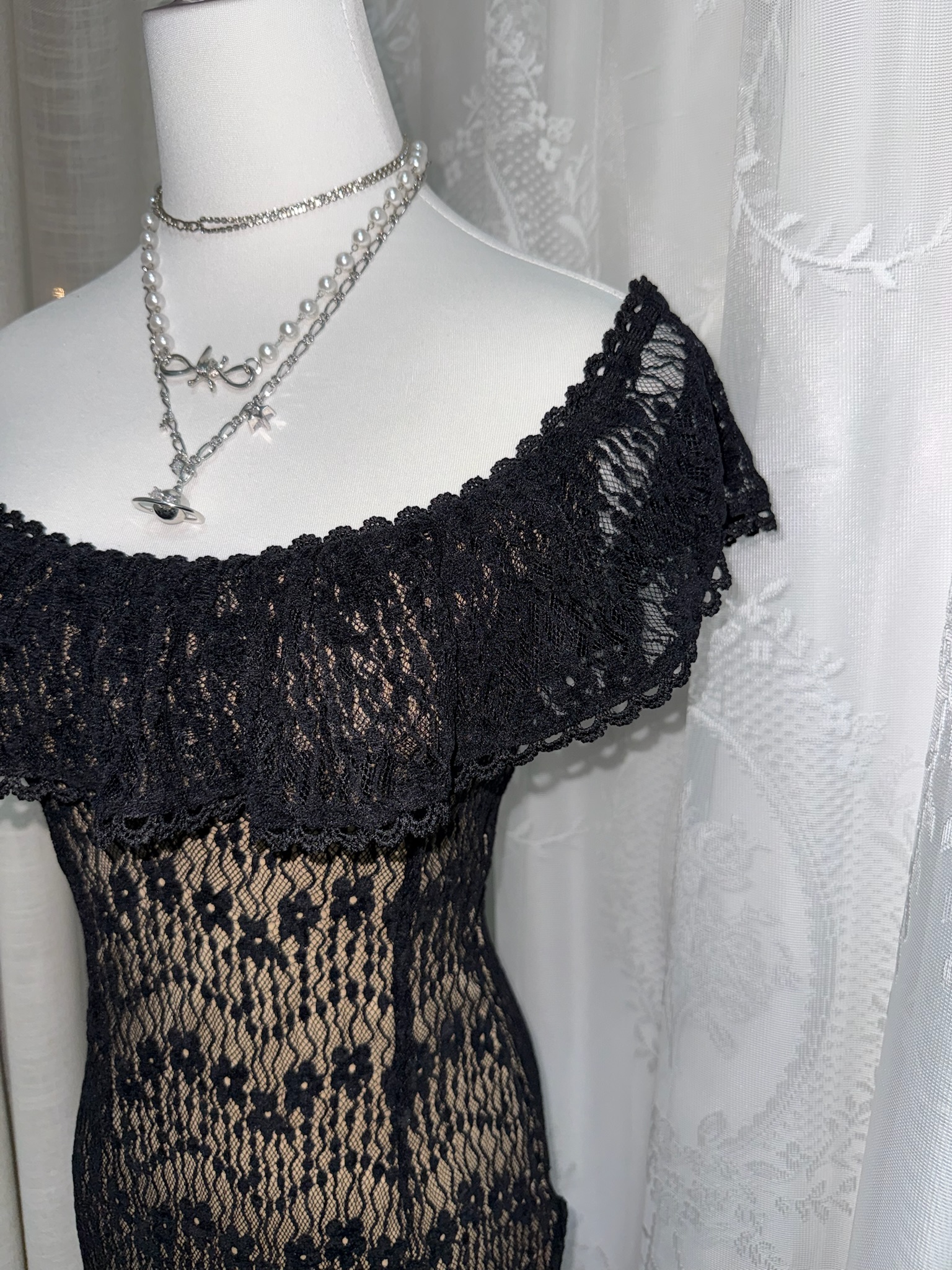 3-Way Wear Off-Shoulder Black Lace Overlay Dress