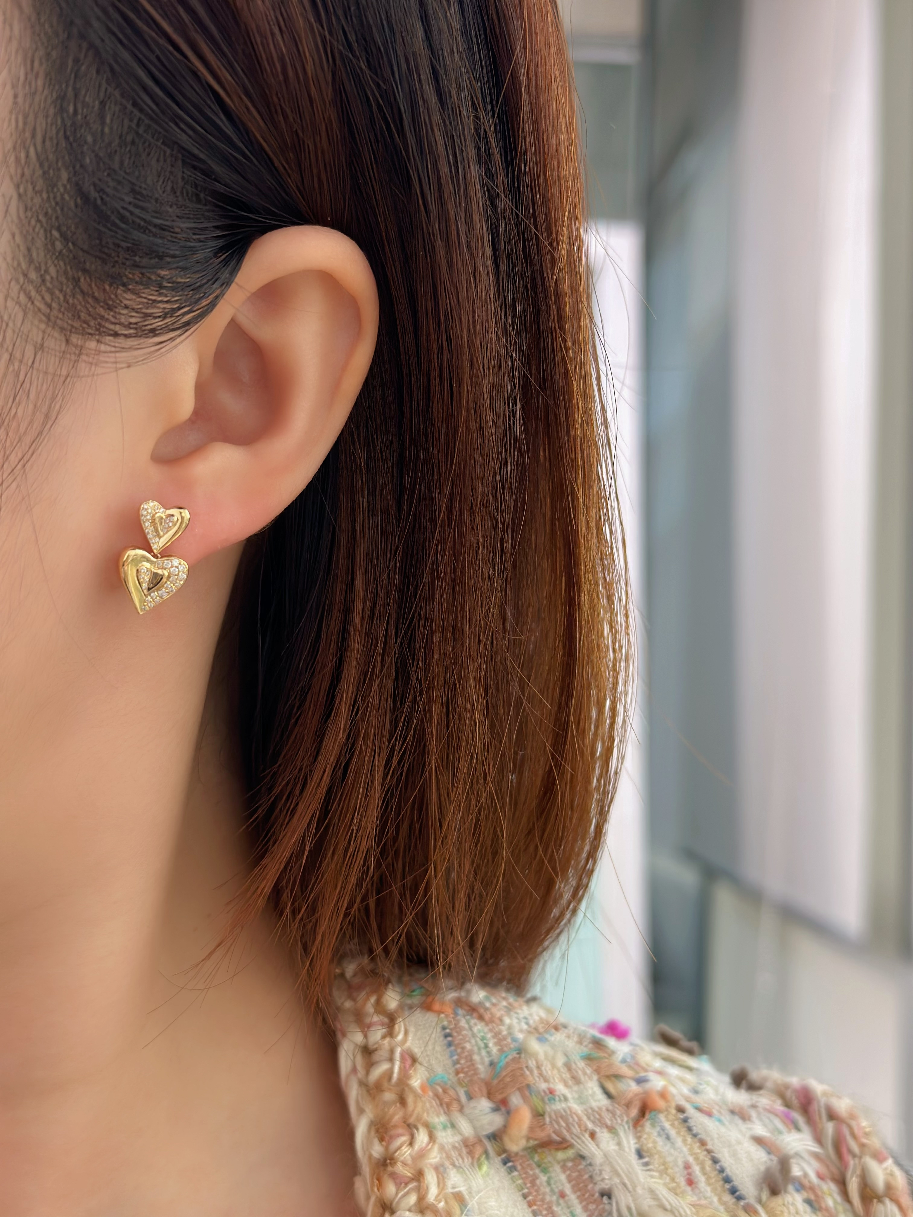 18K Gold Double Heart Diamond Earrings N031330