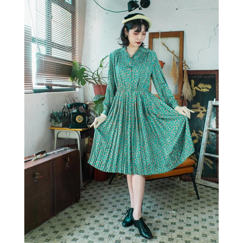 Vintage Elegant Green Leaf Pattern Ruffle Collar Button up Pleated Dress (MT1608-155)