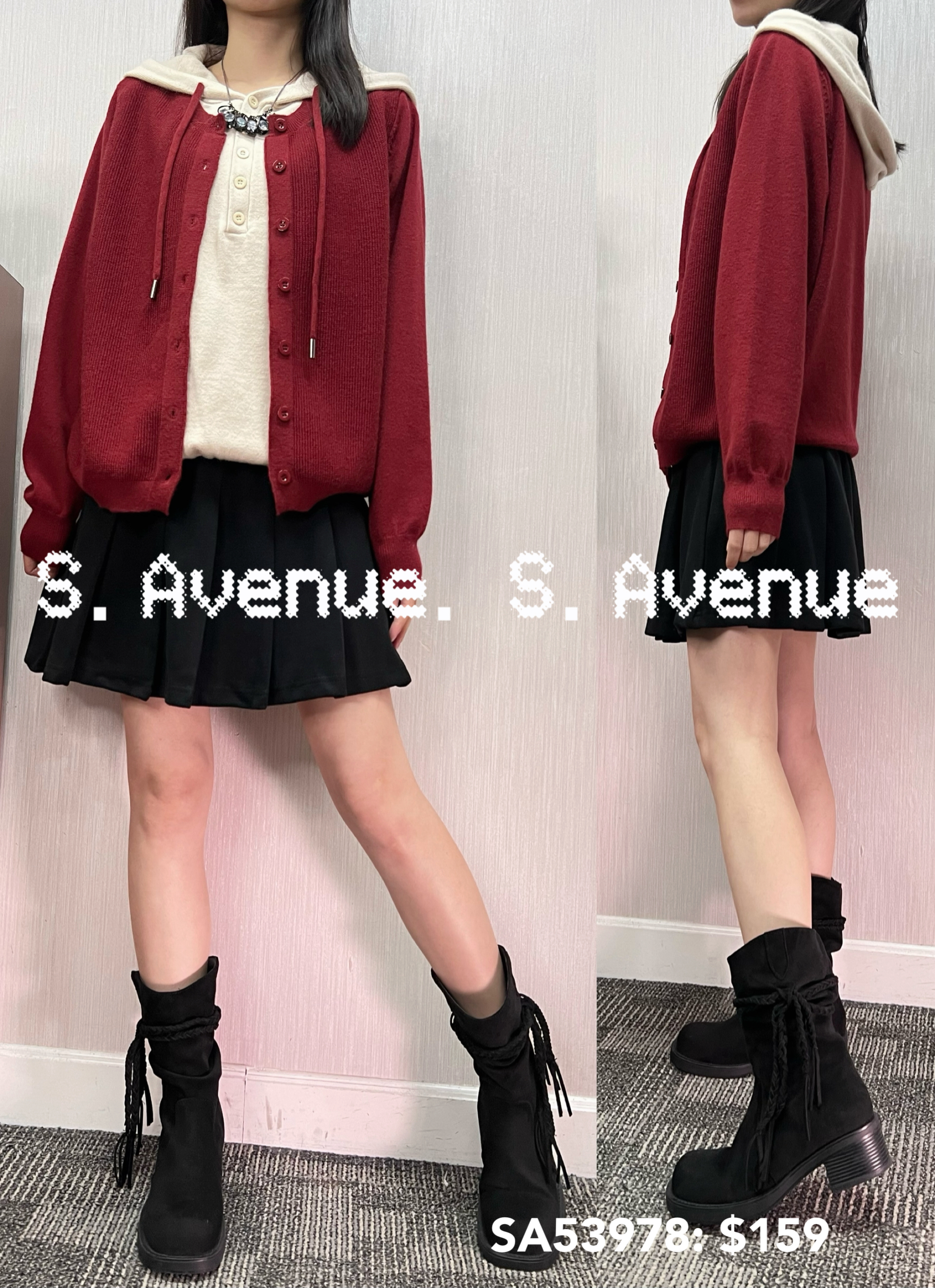 SA53978: 長袖有帽假兩件有鈕冷top