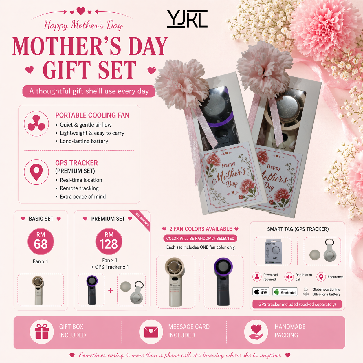 Mother’s Day Gift Set | Portable Fan + Optional GPS Tracker | Practical Gift for Mom | Ready Stock Malaysia